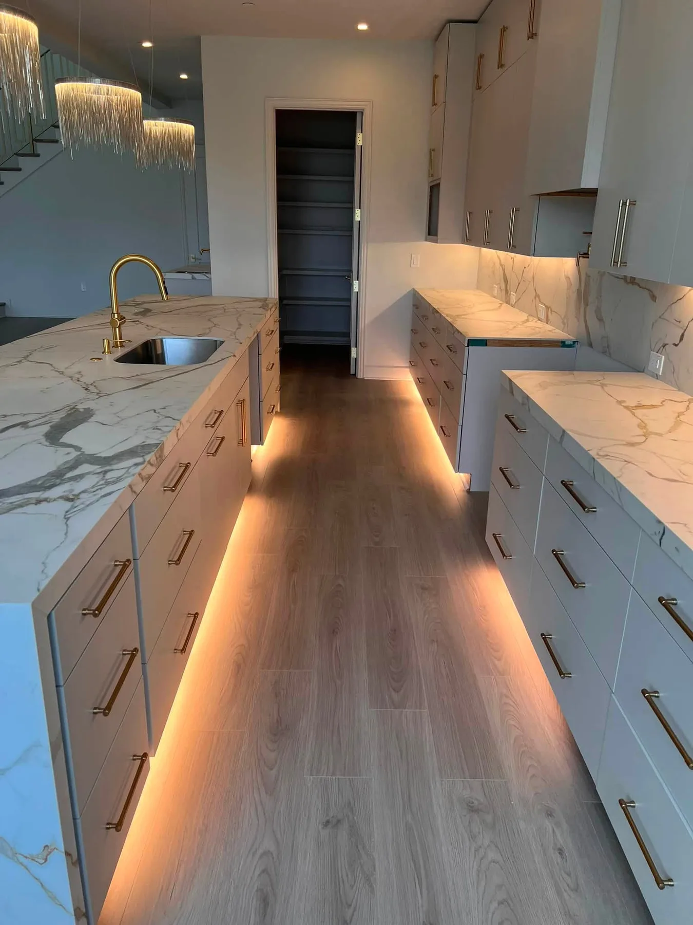 Porcelain counters and slab backsplash — Kitchen